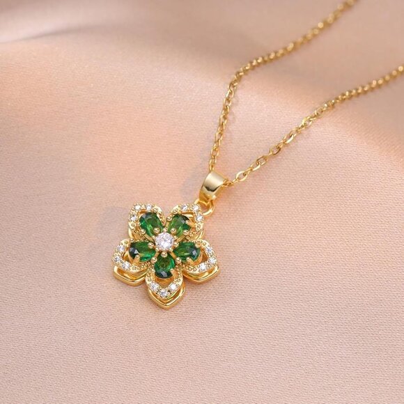 Women Gold Flower Fidget Green Necklace Rotatable Crystal Blossom Pendant - Picture 4 of 7
